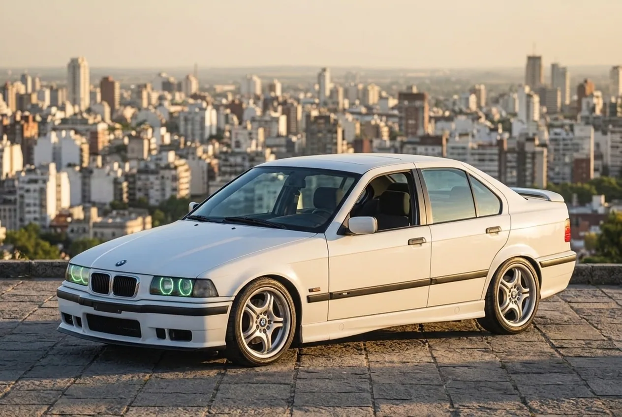 White BMW E36 at rest in the autodromo pit lane under golden evening light