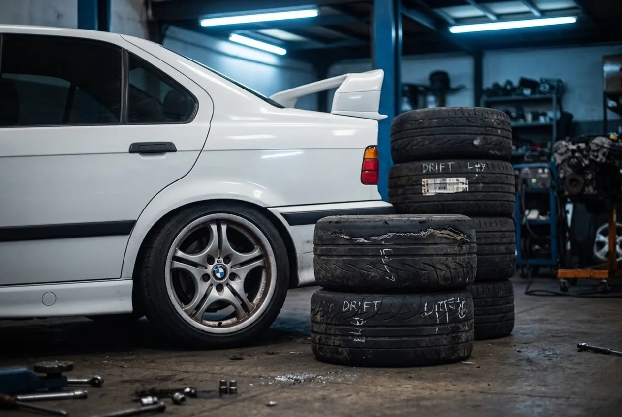 Close-up of worn tyres stacked next to the white BMW E36, evidence of repeated track practice