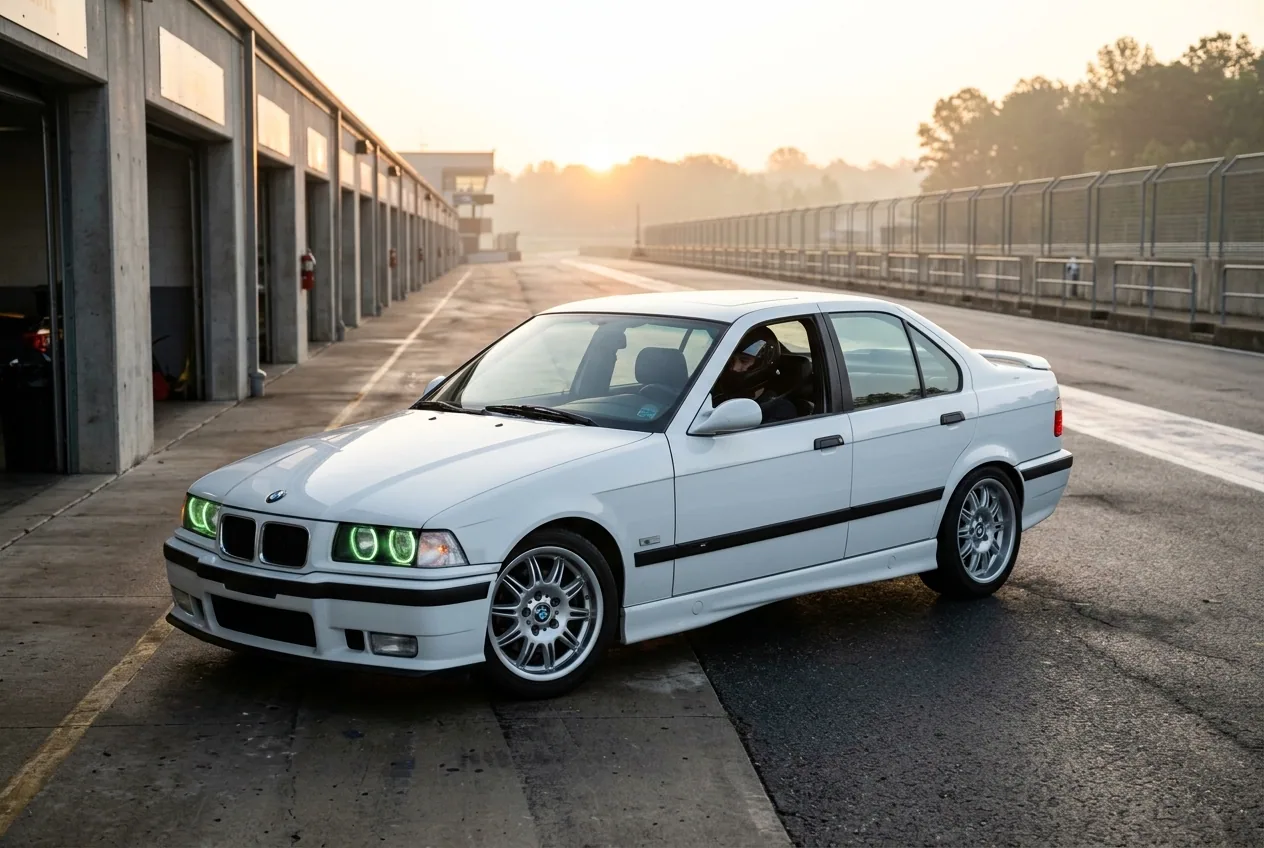 White BMW E36 leaving the pit lane onto the track at dawn, the start of a track day