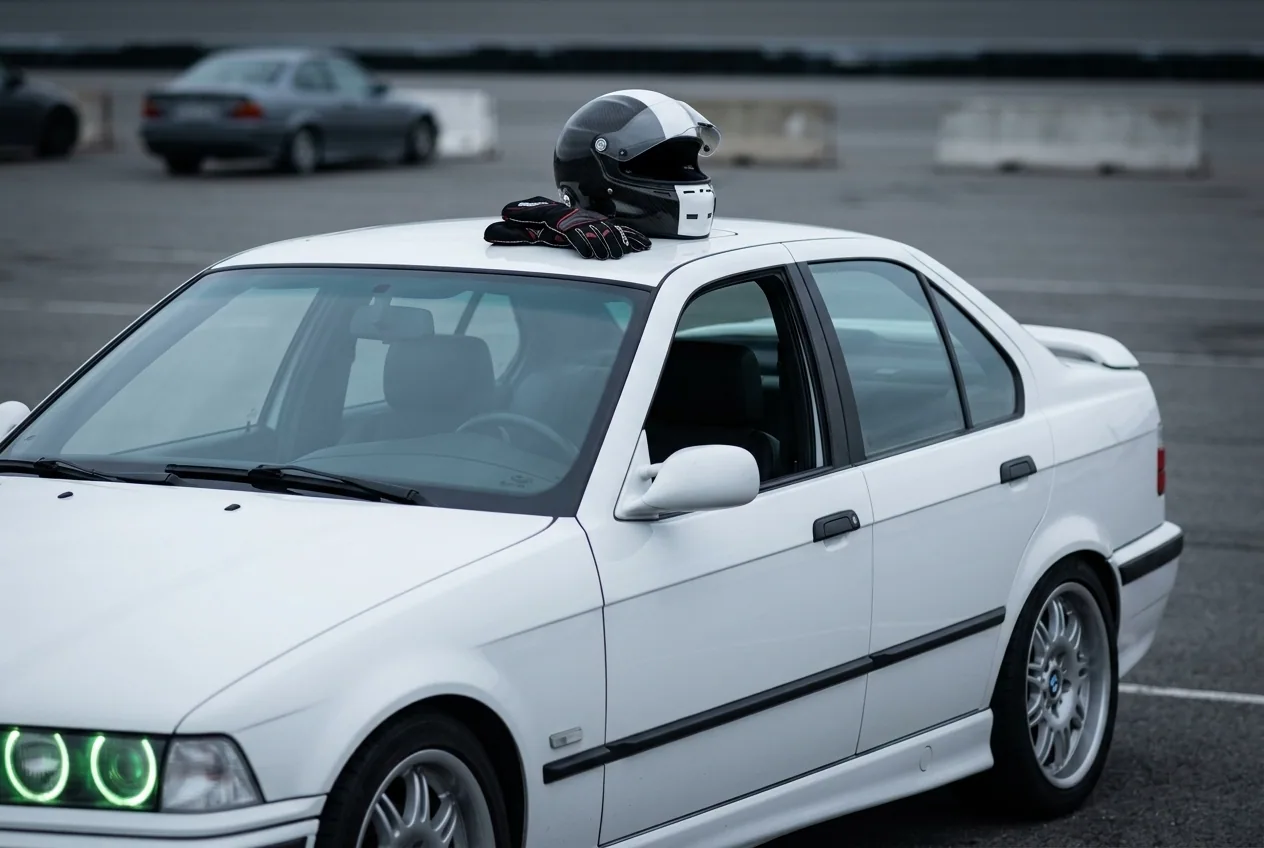 Safety gear detail: a helmet resting on the roof of the white BMW E36 and racing gloves
