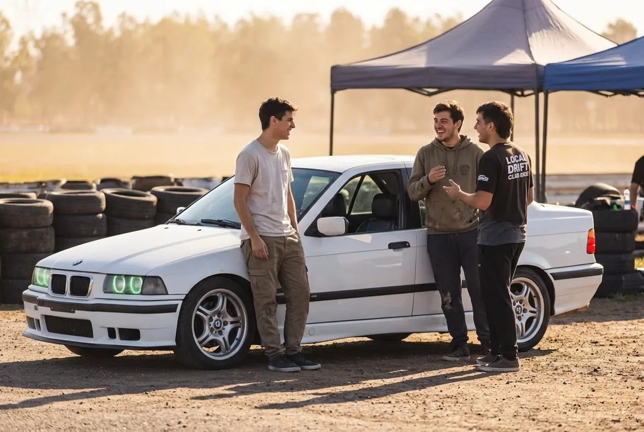Group of Argentine students smiling and chatting in the paddock beside the white BMW E36
