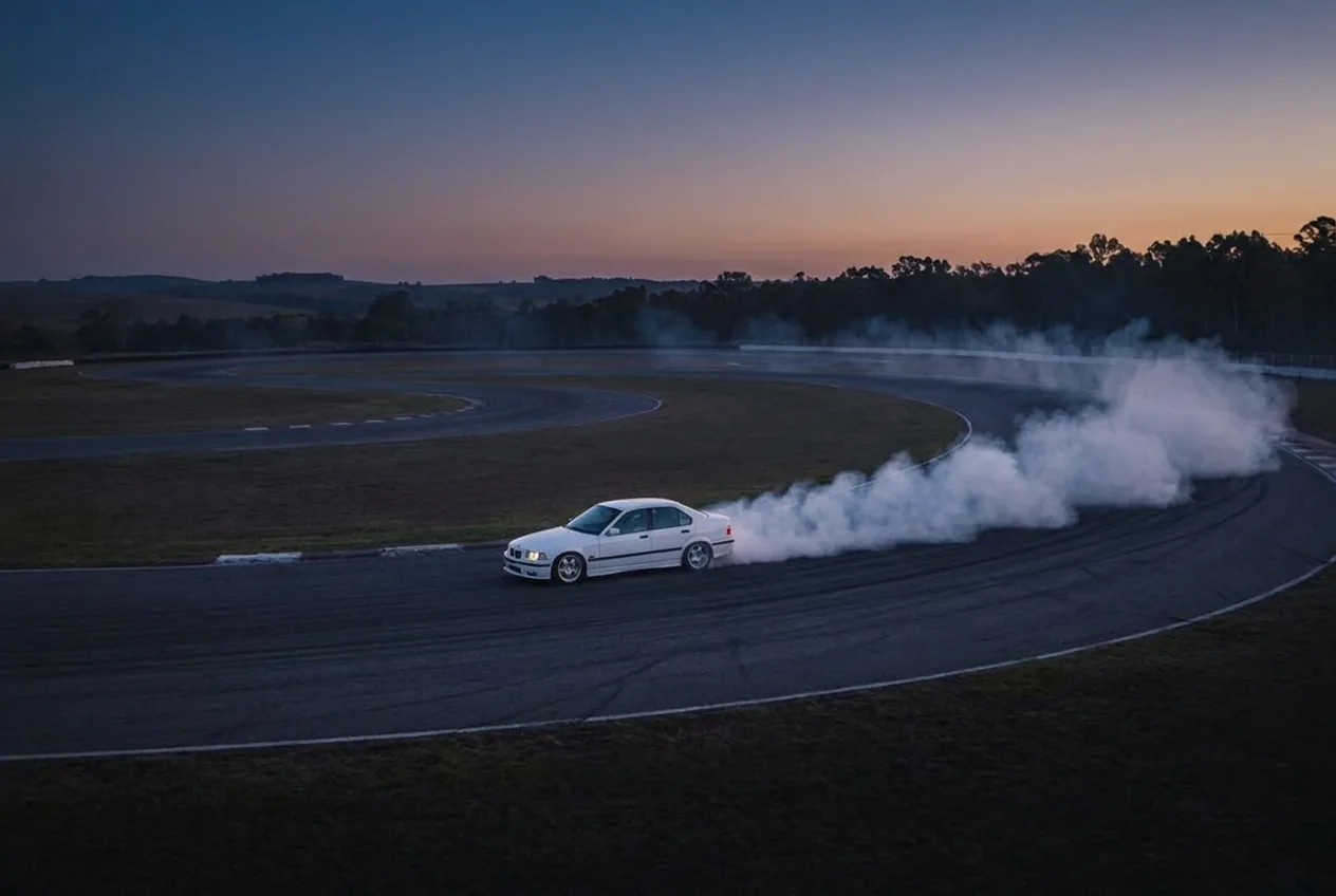 White BMW E36 drifting alone at sunset with a long trail of smoke lit by the low sun