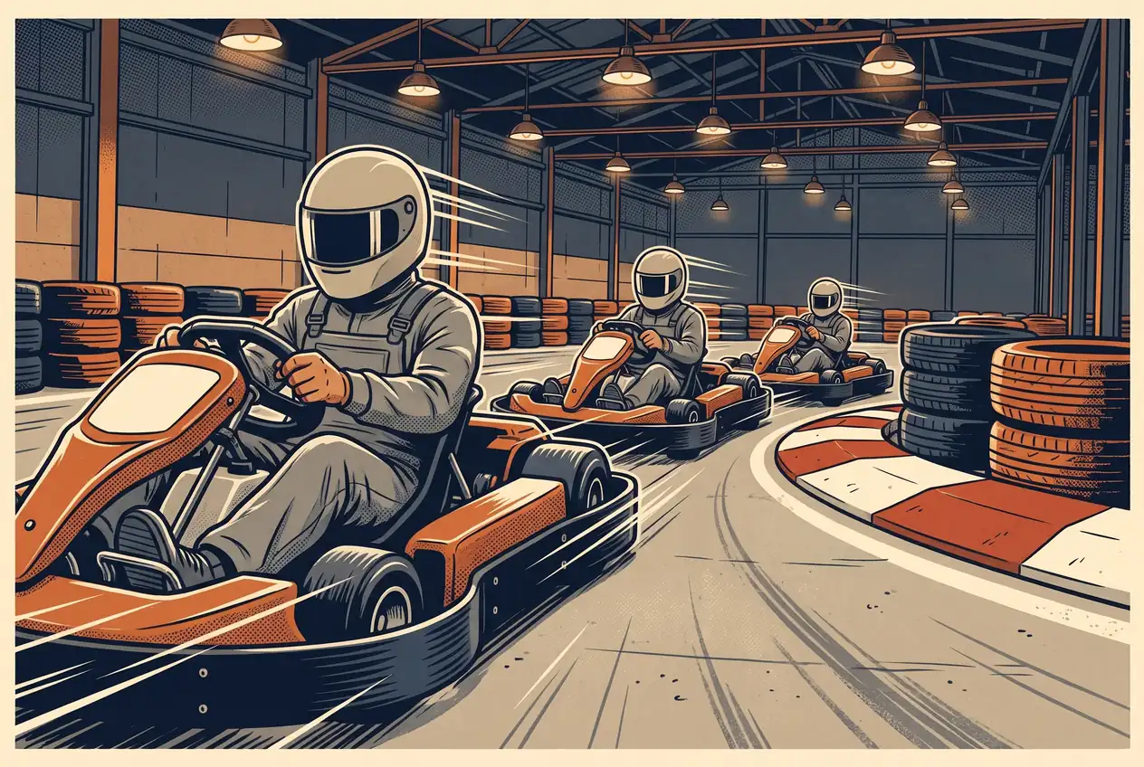 Tres karts de alquiler en una curva cerrada de un kartódromo techado, con pilotos de casco y barreras de gomas