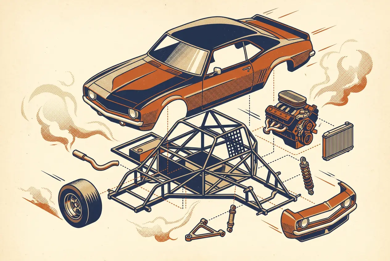 Despiece de un coupé de carreras estilo TC: carrocería elevada, jaula, motor V8, rueda, amortiguador y trompa
