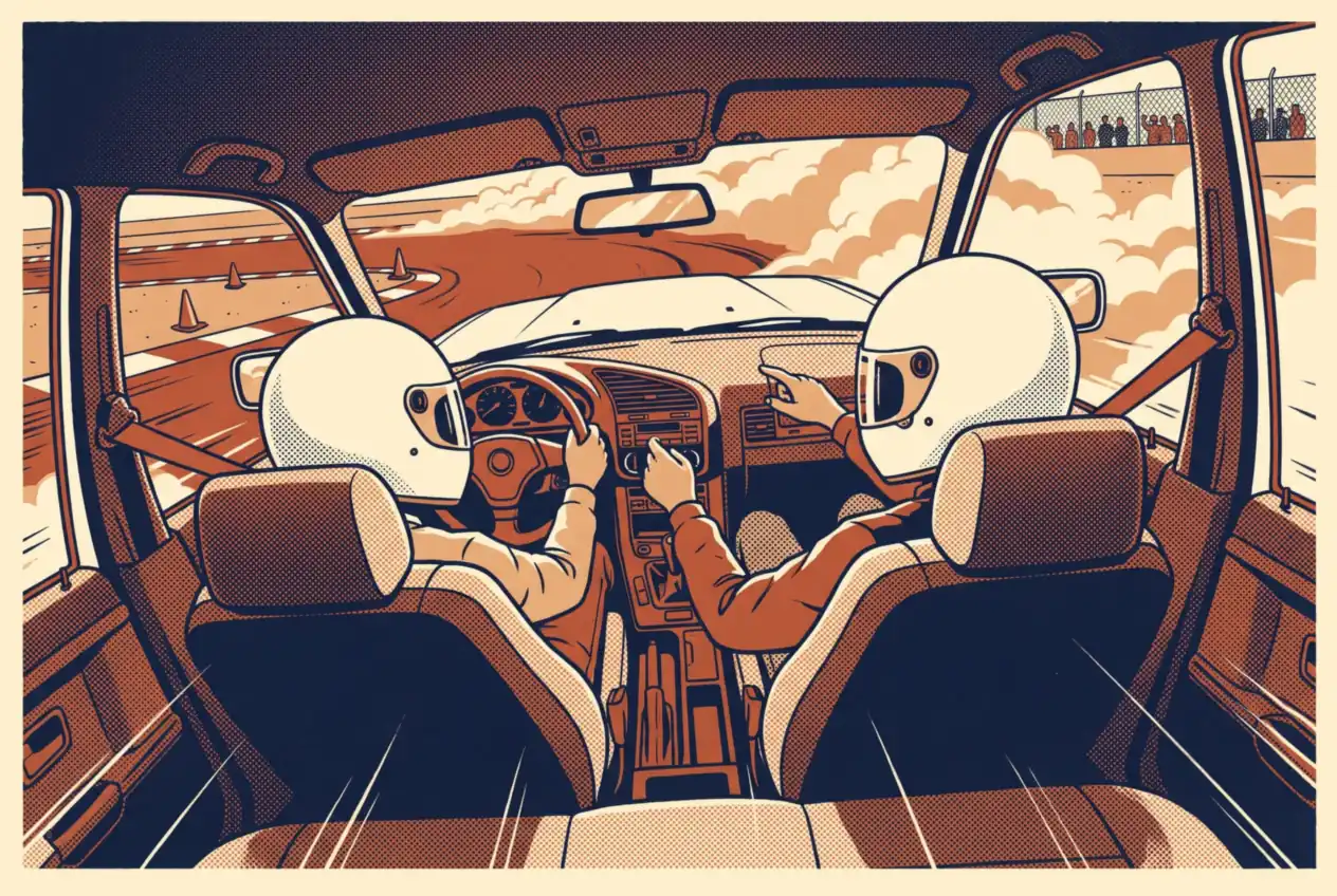 Desde el asiento trasero del BMW E36: alumno al volante, instructor al lado y humo sobre la pista con conos