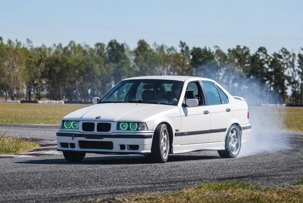 BMW E36 blanco haciendo su primer derrape bajo sol pleno, paquete Drift Intro de 30 minutos