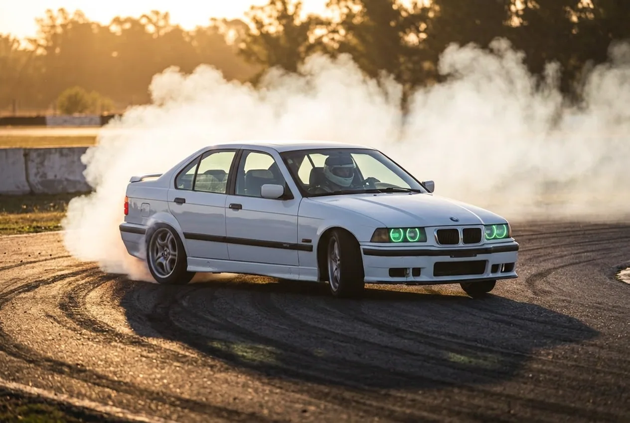 BMW E36 blanco en un derrape amplio con humo a contraluz dorada, paquete Drift Experience