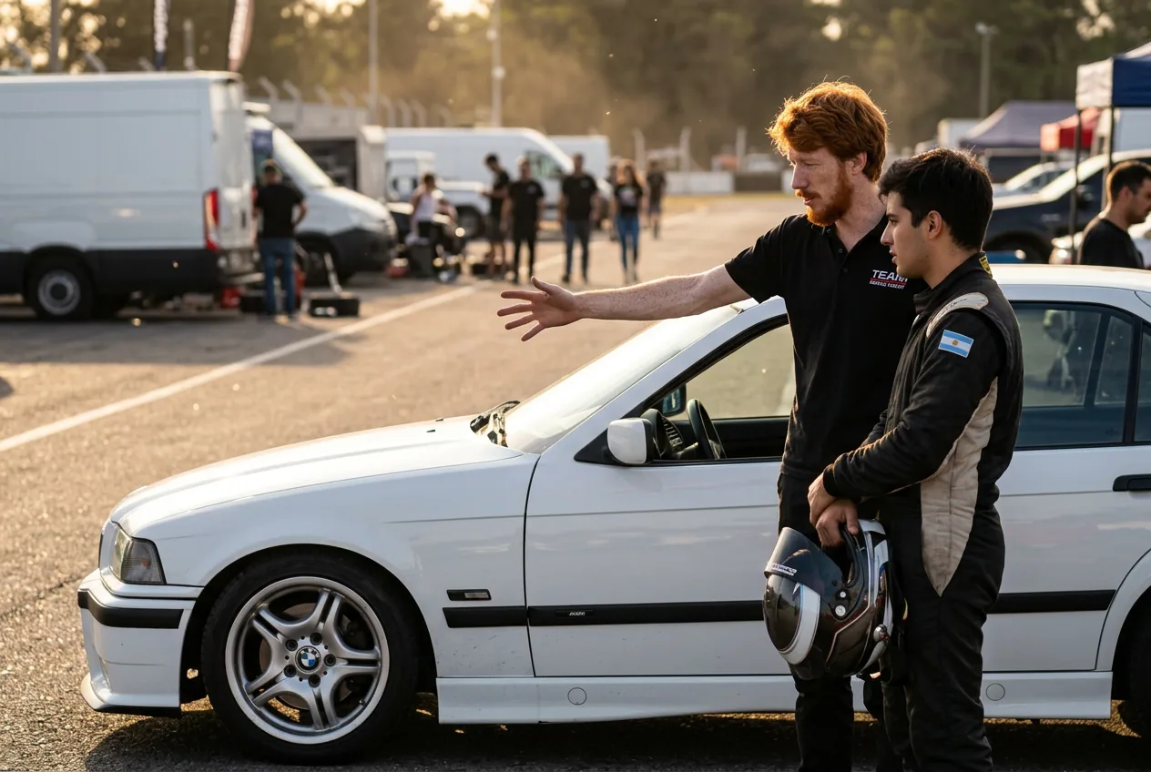 Instructor pelirrojo guiando a un piloto junto al BMW E36 blanco al atardecer, Curso Pro Driver