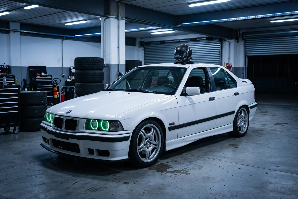 BMW E36 blanco en el box con el casco sobre el techo, todo el equipo incluido en la clase