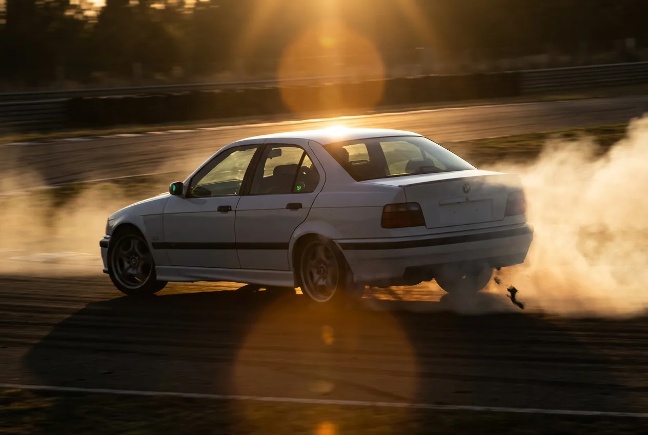 BMW E36 blanco a contraluz quemando la goma trasera, el desgaste real que cuesta cada clase
