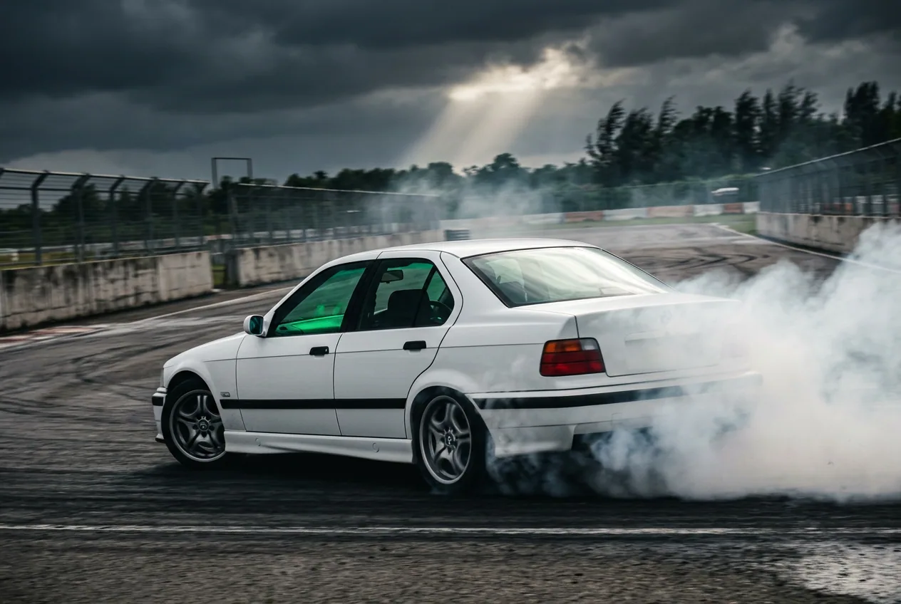 BMW E36 blanco derrapando bajo cielo tormentoso, vos sos el piloto y no el pasajero