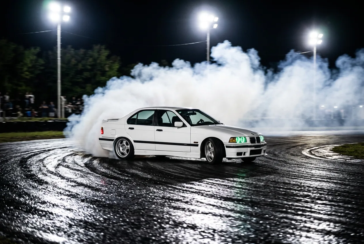 BMW E36 blanco derrapando de noche bajo los reflectores del autodromo, reserva por WhatsApp