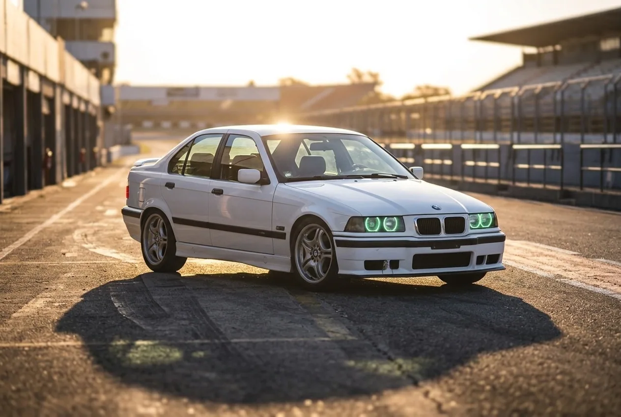 BMW E36 blanco en boxes a la hora dorada, los dos formatos de clase de drift