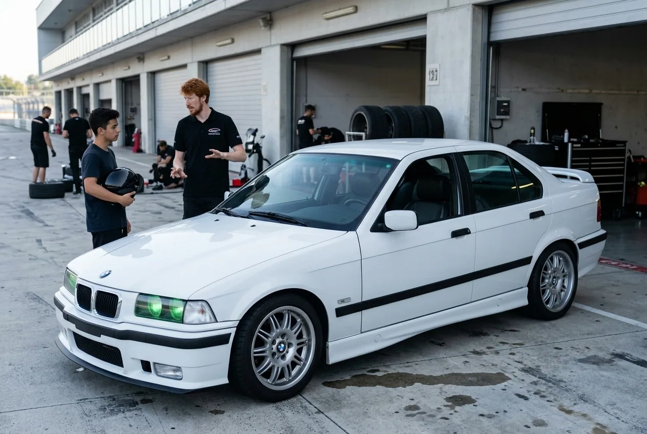 Instructor pelirrojo y alumno preparandose para una tanda de drift junto al BMW E36 en el pit lane al amanecer
