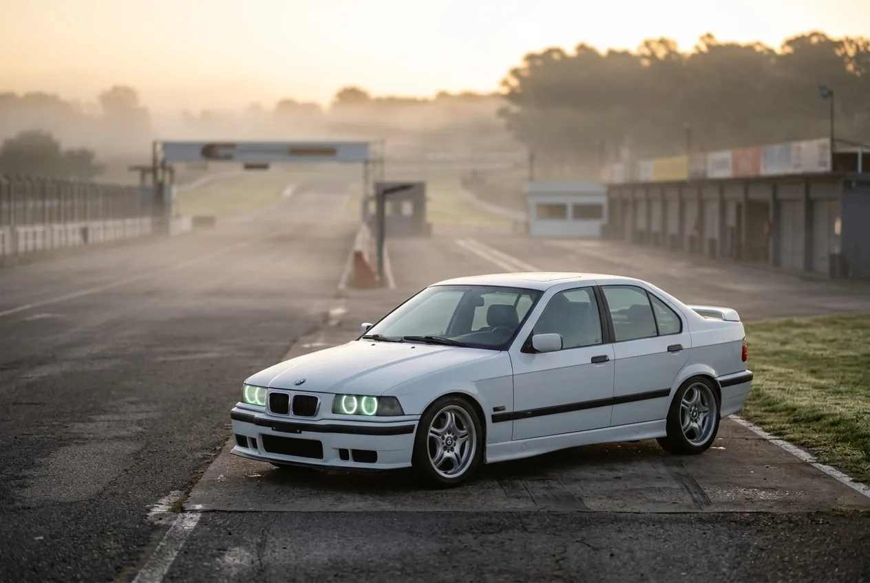 BMW E36 blanco estacionado al amanecer entre la niebla a la llegada al autodromo