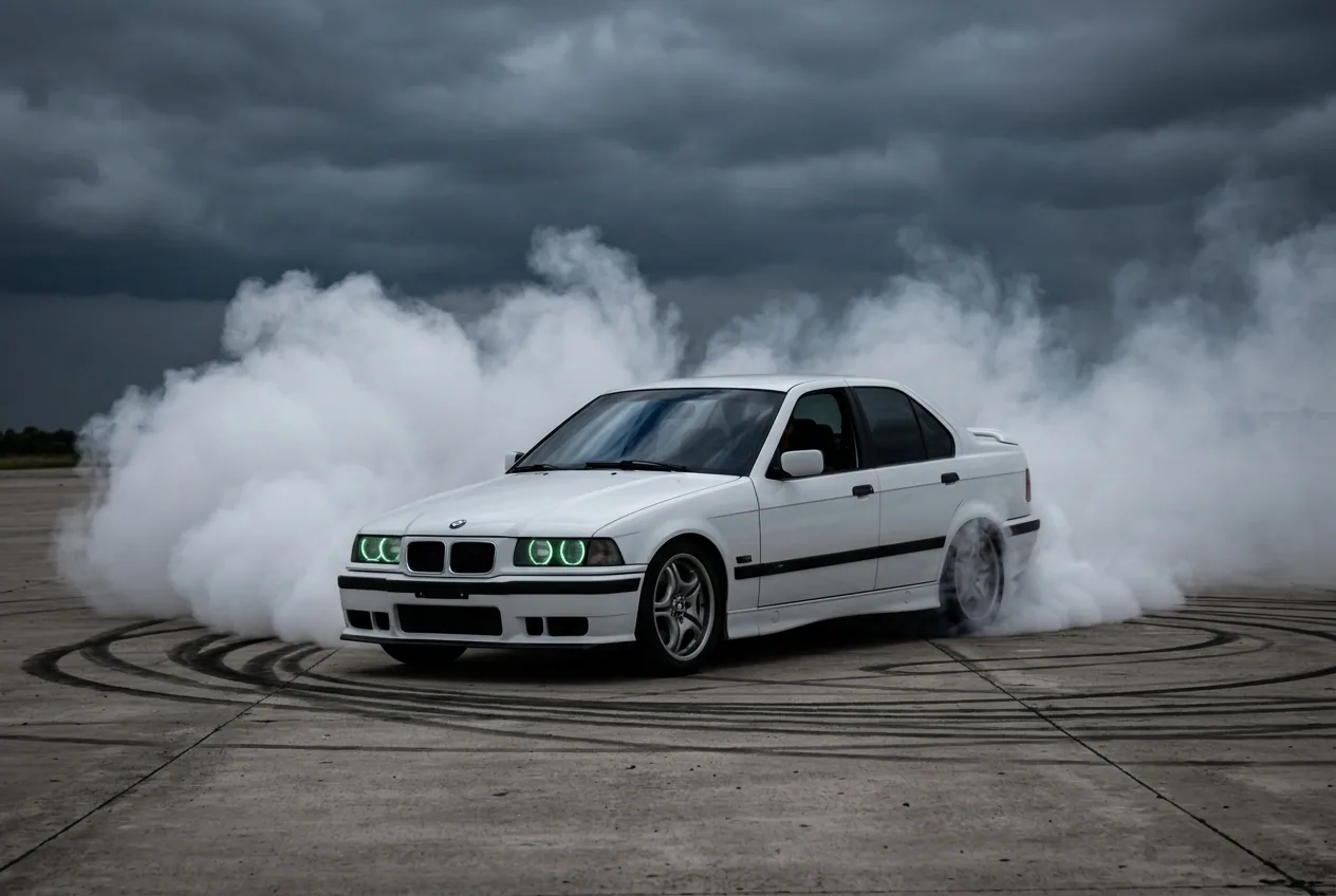 BMW E36 blanco haciendo un trompo de humo en un skidpad bajo cielo tormentoso, nivel avanzado del Pro Driver