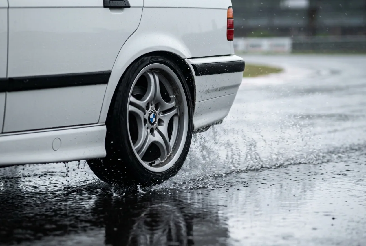 BMW E36 blanco derrapando bajo la lluvia en pista mojada con agua salpicando