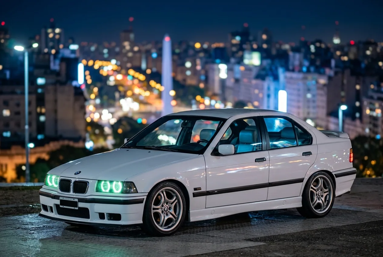 BMW E36 blanco de noche con el skyline de Buenos Aires de fondo, listo para reservar por WhatsApp