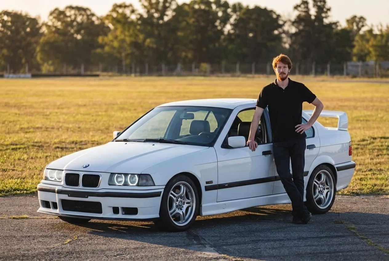 BMW E36 blanco con instructor en boxes del autodromo, regalo de clase de drift para cumpleanos 25 hombre