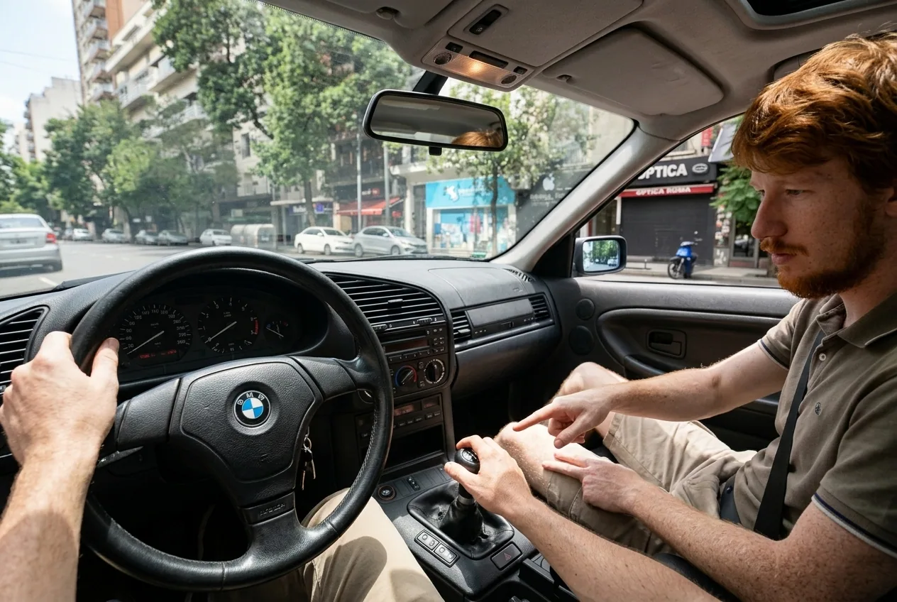 Mano sobre la palanca de cambios manual del BMW E36 con el instructor al lado, primera clase de drift cumpleanos 25