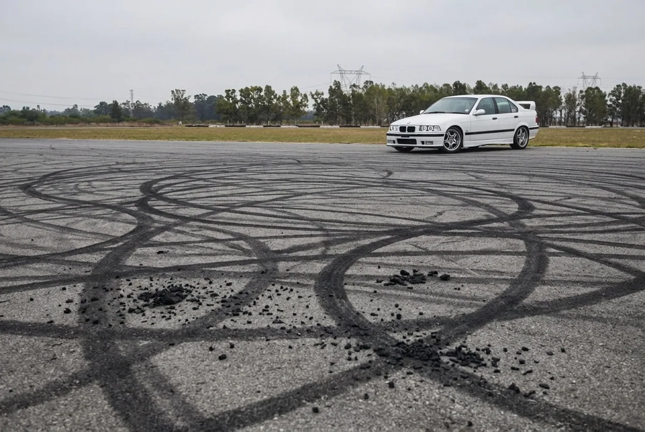 Marcas de neumaticos sobre el asfalto del autodromo junto al BMW E36, regalo grupal de drift para cumpleanos 25
