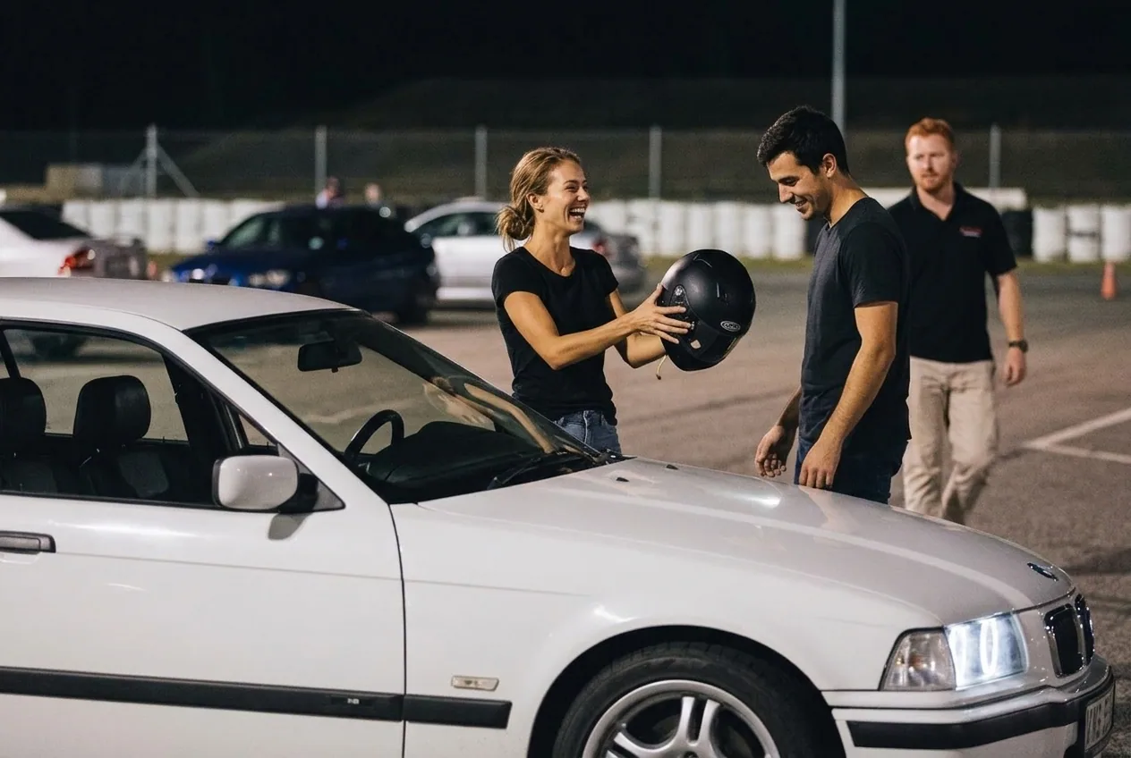 Pareja joven junto al BMW E36 en boxes, novia regalando clase de drift para el cumpleanos 25 del novio