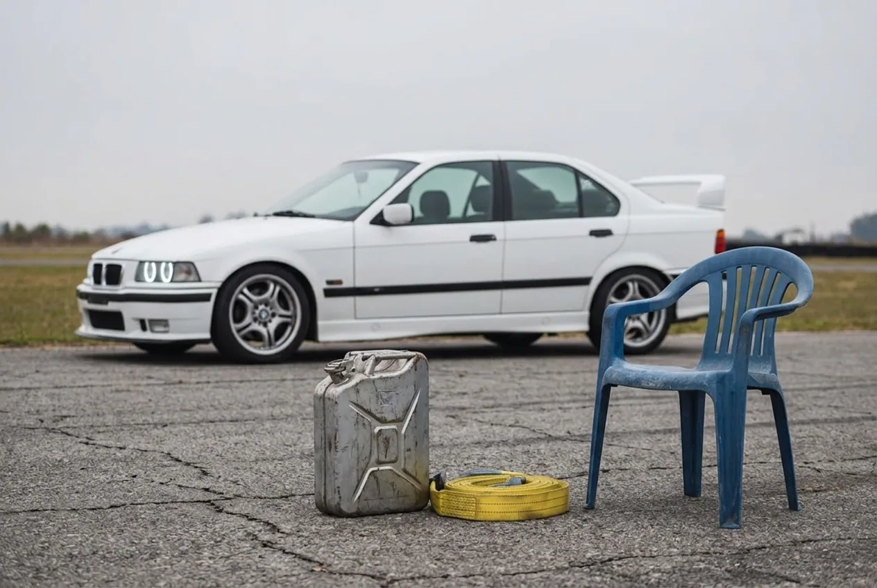 Box tranquilo del autodromo con el BMW E36 blanco al fondo antes de una clase de drift de regalo en Buenos Aires