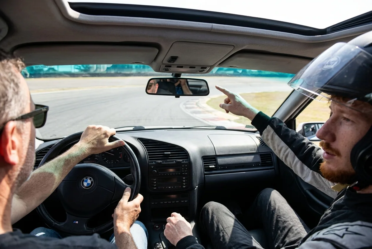 Vista desde el asiento del conductor: manos al volante del BMW E36 con el instructor guiando en una clase de drift accesible en Buenos Aires