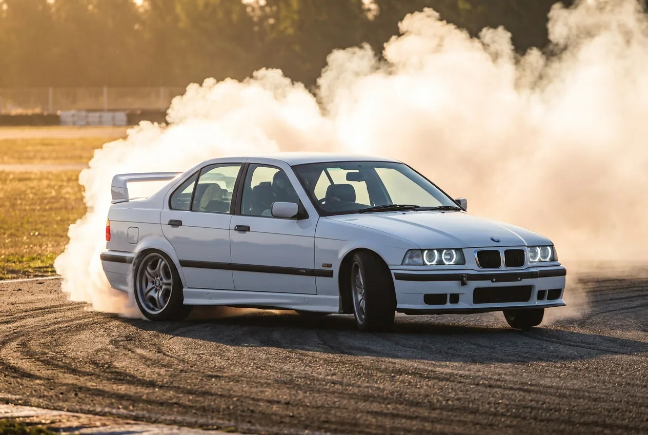 BMW E36 blanco en pleno derrape con humo de neumaticos al atardecer durante una clase de drift de cumpleanos en Buenos Aires