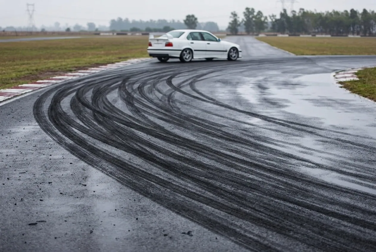Marcas de neumaticos sobre el asfalto humedo tras una sesion de drift, con el BMW E36 blanco al fondo en autodromo de Buenos Aires