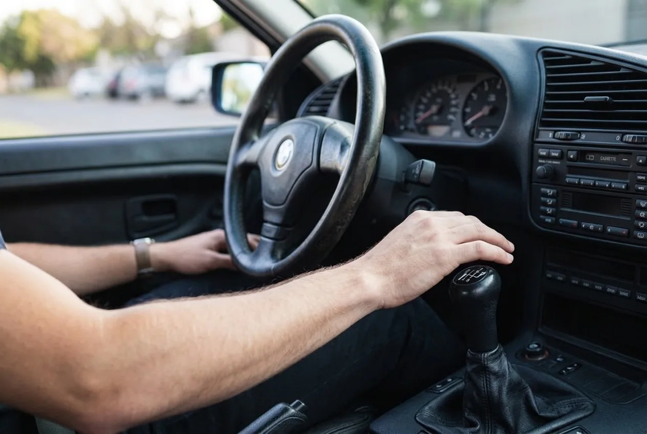 Mano sobre la palanca de cambios manual del BMW E36 — te ensenamos la caja manual desde cero