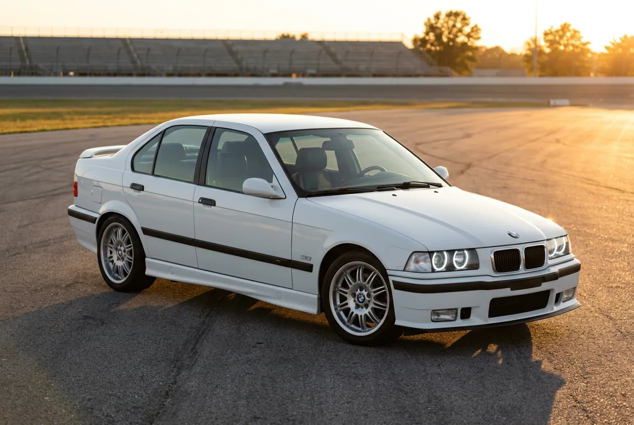 BMW E36 blanco impecable estacionado en el autodromo a la hora dorada — el valor de una experiencia que dura toda la vida
