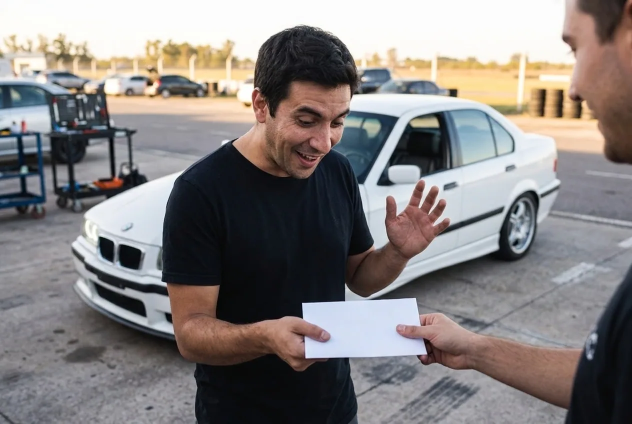 Sorpresa: un hombre recibe el regalo de una clase de drift en un sobre junto al BMW E36 blanco