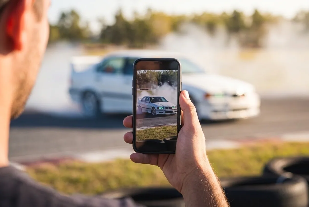 Filmando con el celular el BMW E36 blanco driftando — el video editado que incluye el Drift Experience de 60 minutos