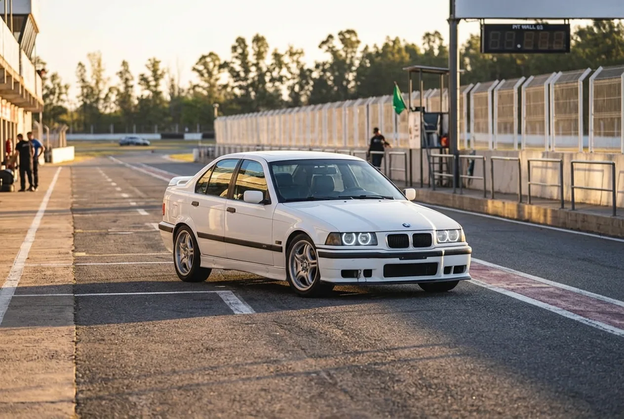 BMW E36 blanco listo en el pit lane del autodromo al amanecer — reserva tu clase de drift por WhatsApp