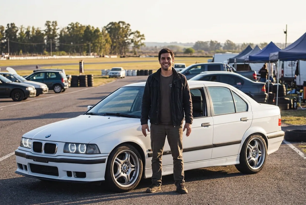 Hombre de unos 30 anos junto al BMW E36 blanco en el autodromo — un regalo de cumpleanos a la altura del hito