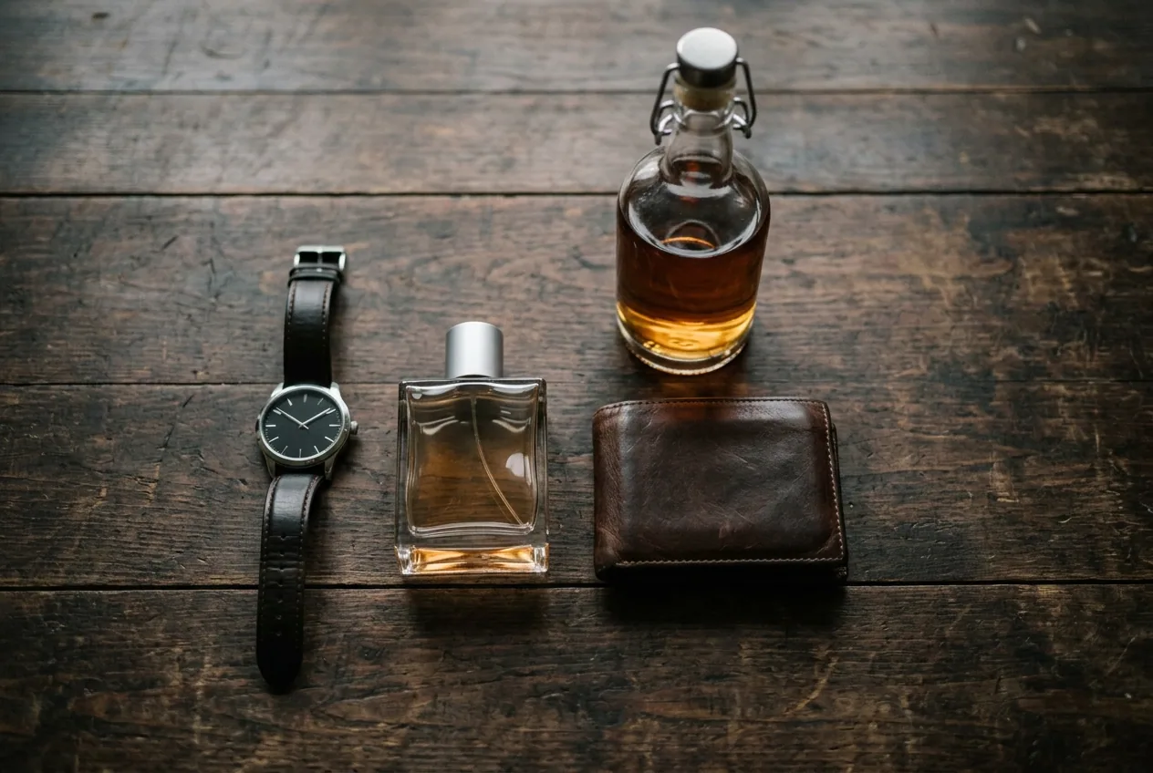 Reloj, perfume, billetera y whisky sobre una mesa — los regalos clasicos de cumpleanos que se olvidan