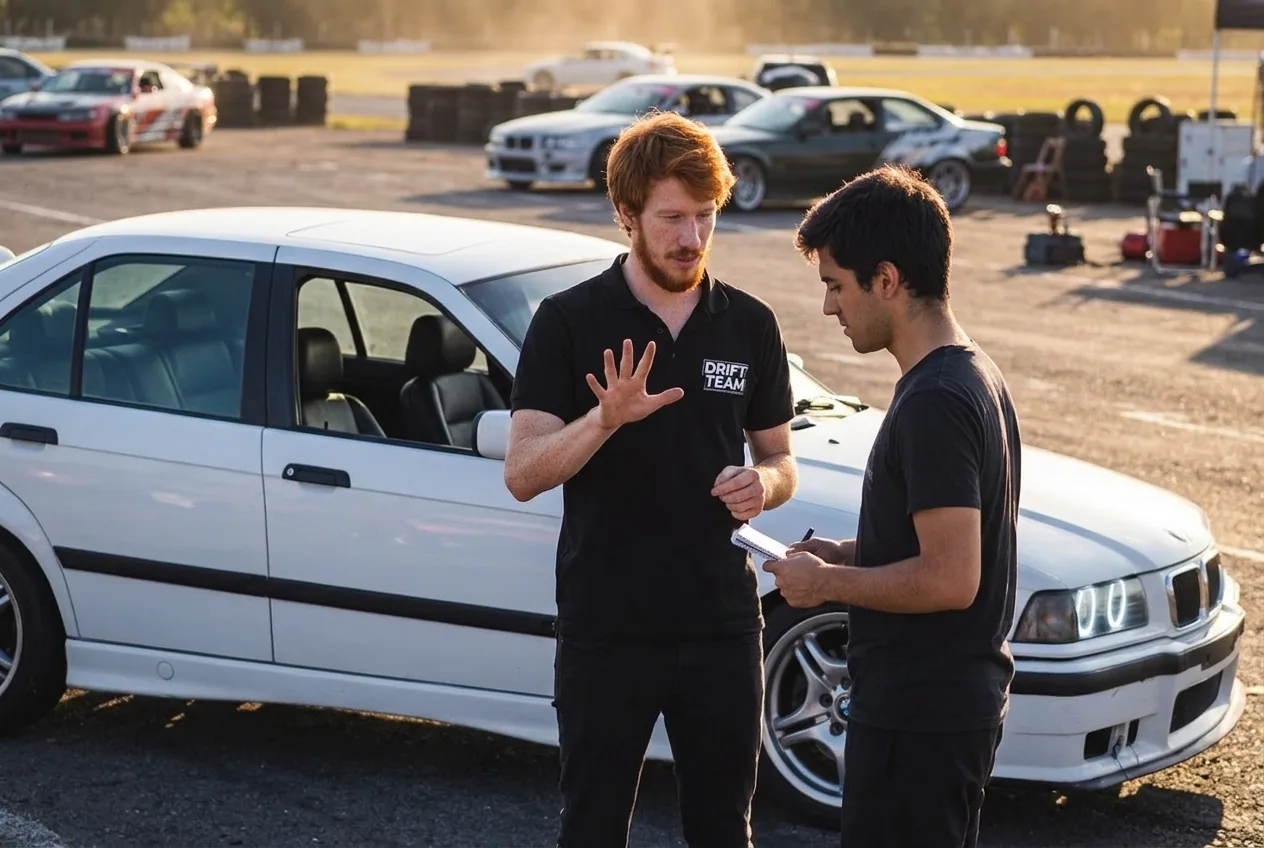 Instructor de drift explicando uno a uno a un alumno junto al BMW E36 blanco — clase personalizada de drift para los 30