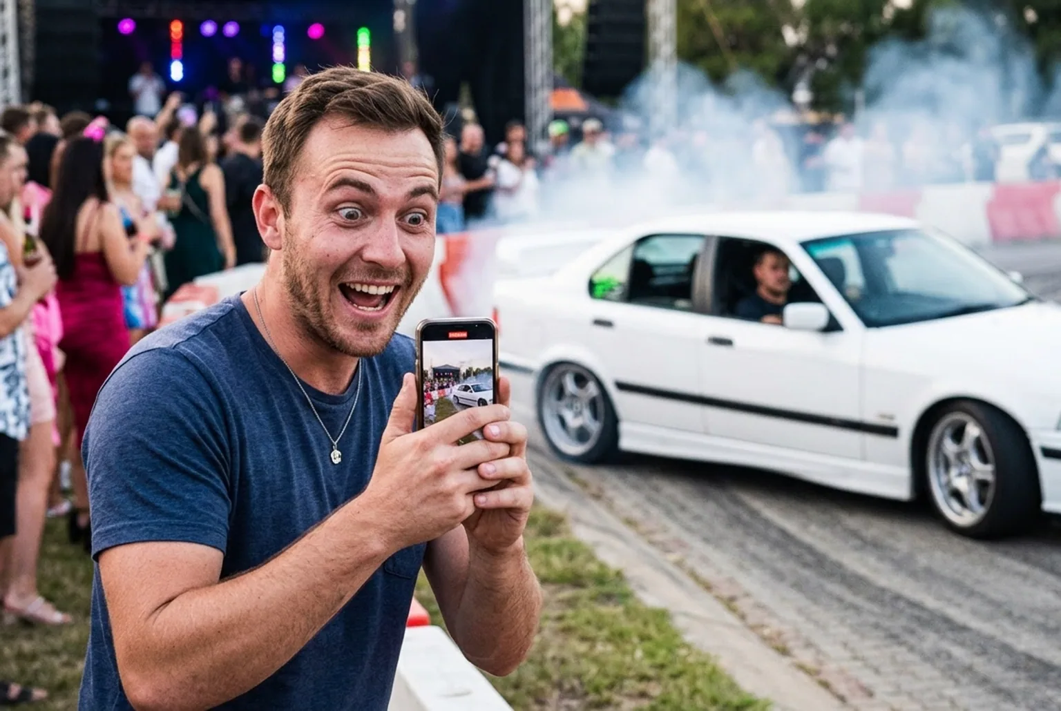 Cumpleanero fierrero filmando con el celular un BMW E36 que derrapa en su fiesta — reaccion de sorpresa en evento de drift Buenos Aires
