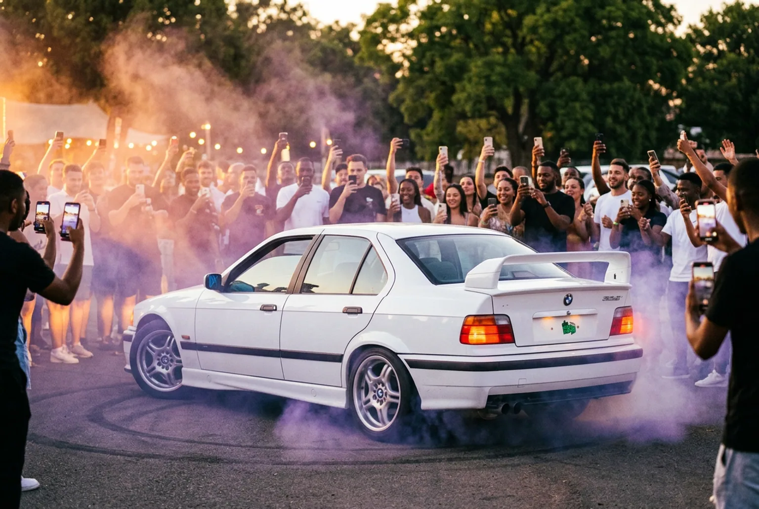 Invitados filmando con sus celulares el BMW E36 haciendo donas con humo en un cumpleanos — show de drift generando contenido en Buenos Aires