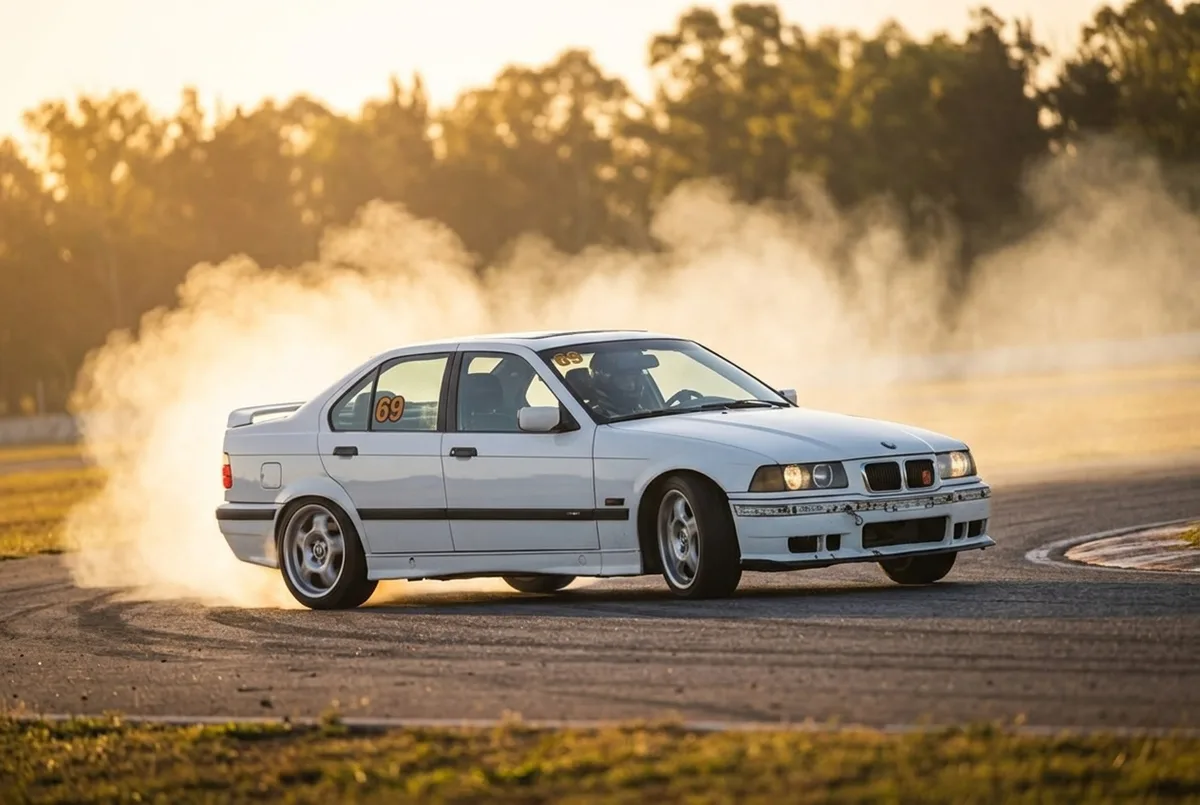 Белый BMW E36 номер 69 в дрифте с дымом из-под колёс в золотом контровом свете на закрытом автодроме под Буэнос-Айресом