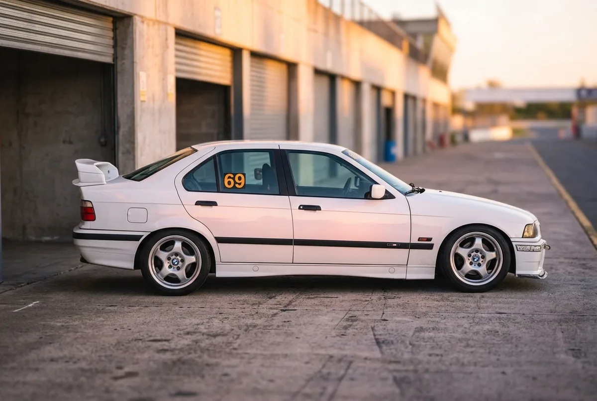 Белый BMW E36 номер 69 с чёрной боковой полосой и пятиспицевыми дисками M стоит на пит-лейне в золотом свете заката