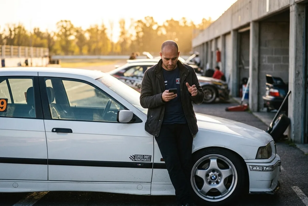 Инструктор по дрифту согласовывает оплату по телефону, опираясь на крыло BMW E36 номер 69 на пит-лейне в тёплом свете заката