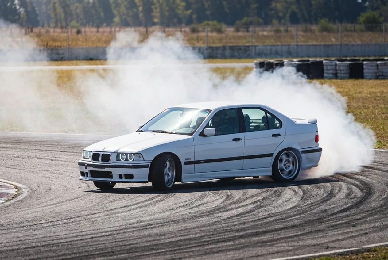 Alumno al volante del BMW E36 cruzado con humo saliendo de los neumaticos traseros, primer derrape controlado en pista cerrada de Buenos Aires