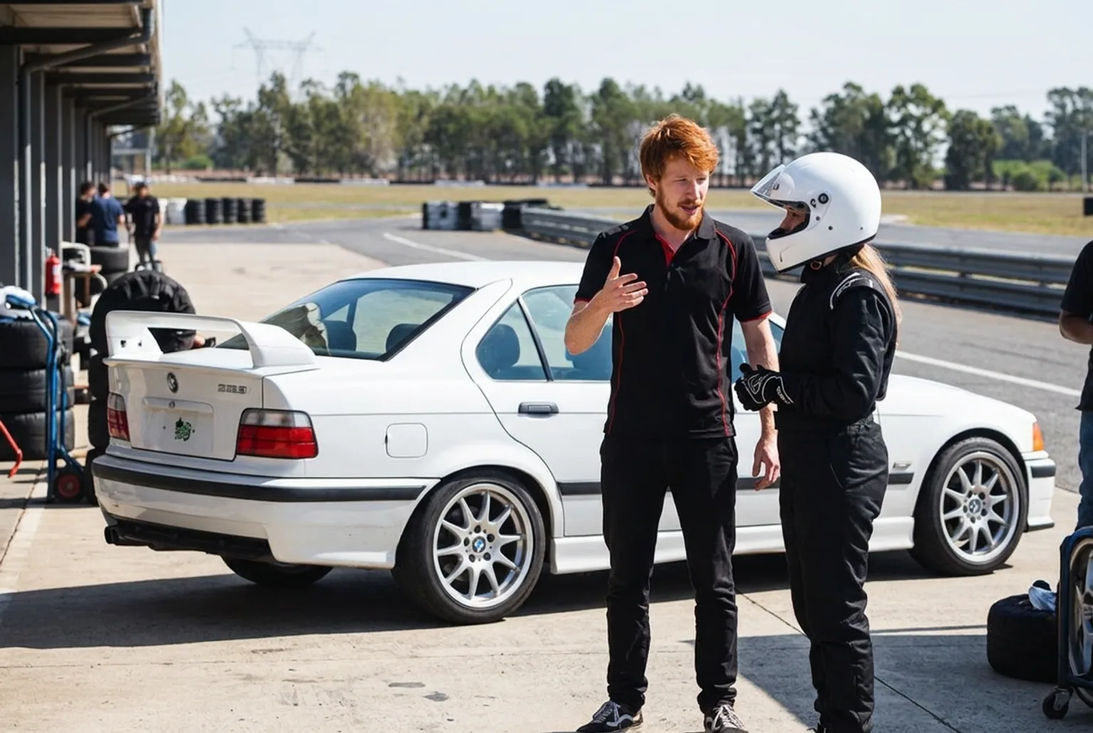 Instructor pelirrojo explicando el briefing a un alumno con casco junto al BMW E36 en el autodromo