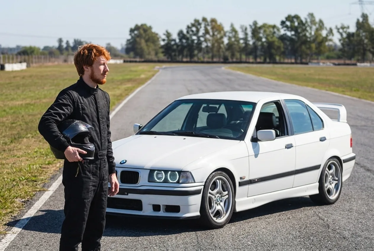 Piloto con casco bajo el brazo apoyado en el BMW E36 blanco al borde de la pista cerrada en las afueras de Buenos Aires, decidiendo el siguiente paso