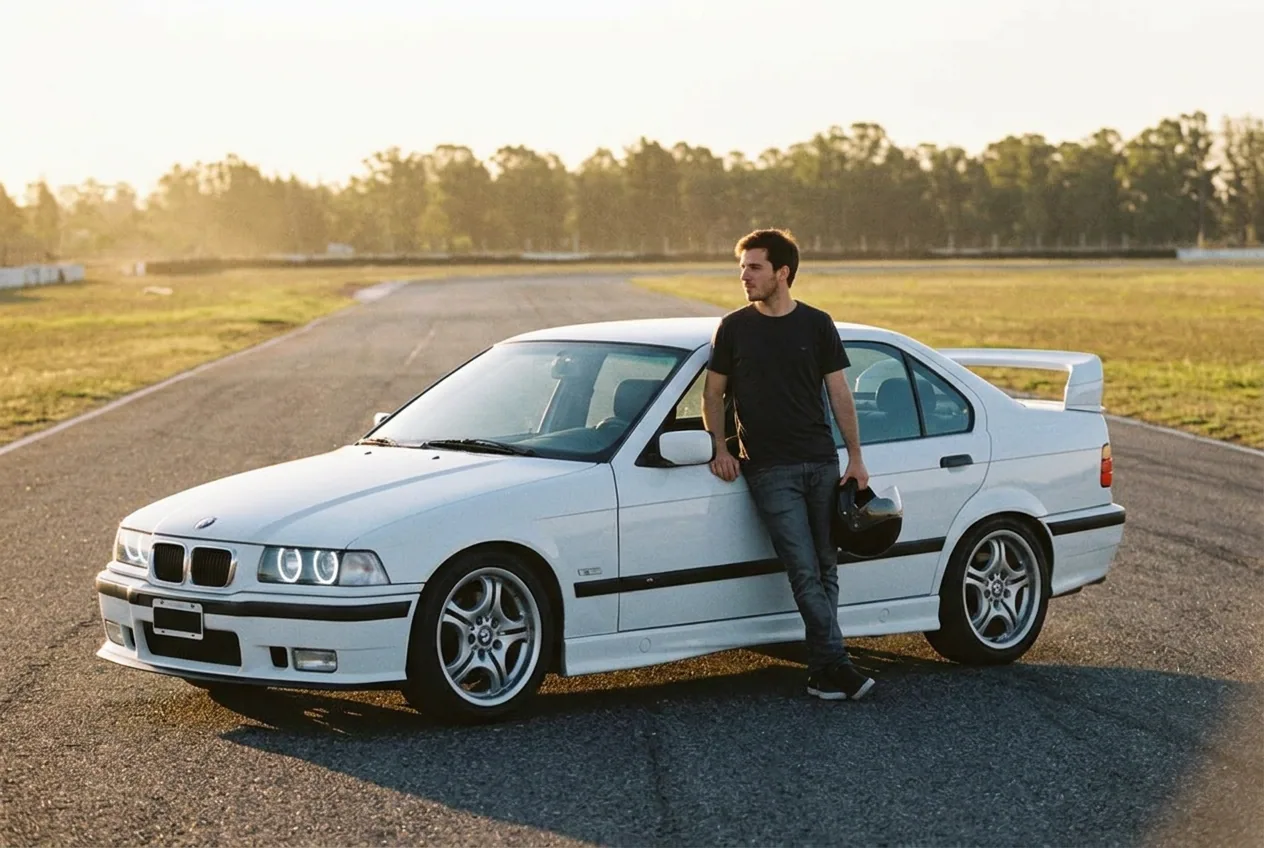 Piloto con casco en la mano apoyado en el BMW E36 blanco mirando el circuito vacio, pensando el siguiente paso