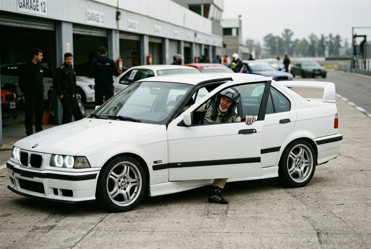 Piloto saliendo del BMW E36 blanco en el pit lane entre tandas de un track day