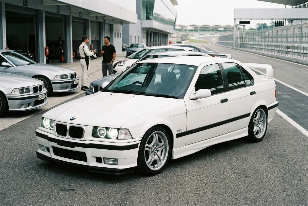BMW E36 blanco en el paddock de un track day junto a otros autos de pista
