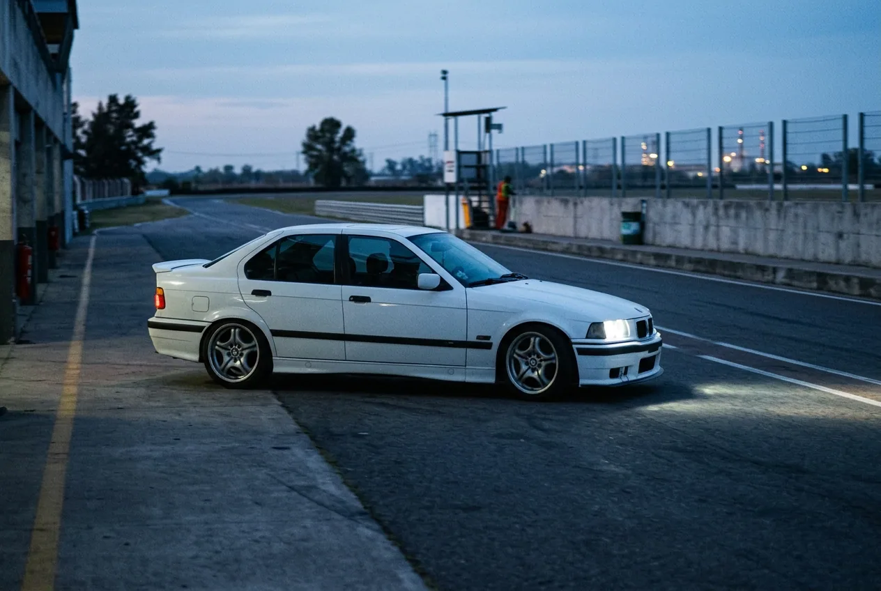 BMW E36 blanco saliendo del pit hacia el circuito al anochecer, listo para rodar